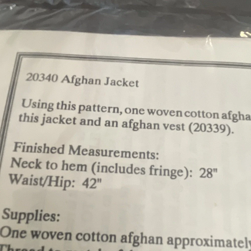 Bee Hive 20340 Vintage Sewing Pattern Unisex Adult Afghan Jacket‎ One Size UNCUT